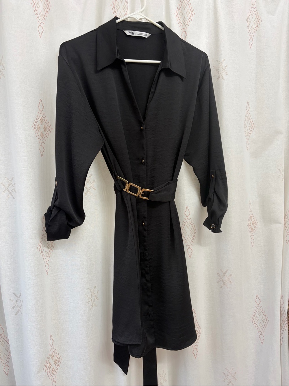 Zara Black Long-Sleeve Shirt Dress with Gold Buckle Belt - EUC